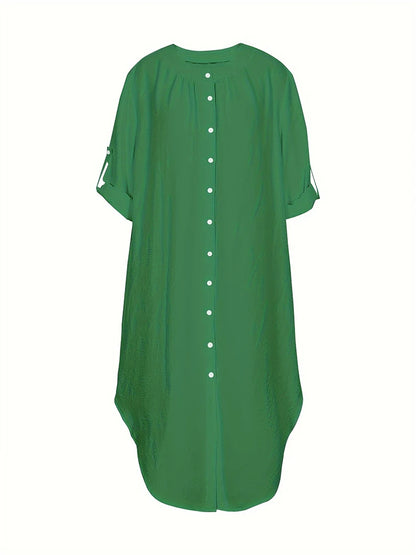 Vestido de talla grande para mujer, primavera y verano 2024, con botones de una sola fila, color liso, informal, suelto, largo, de poliéster.