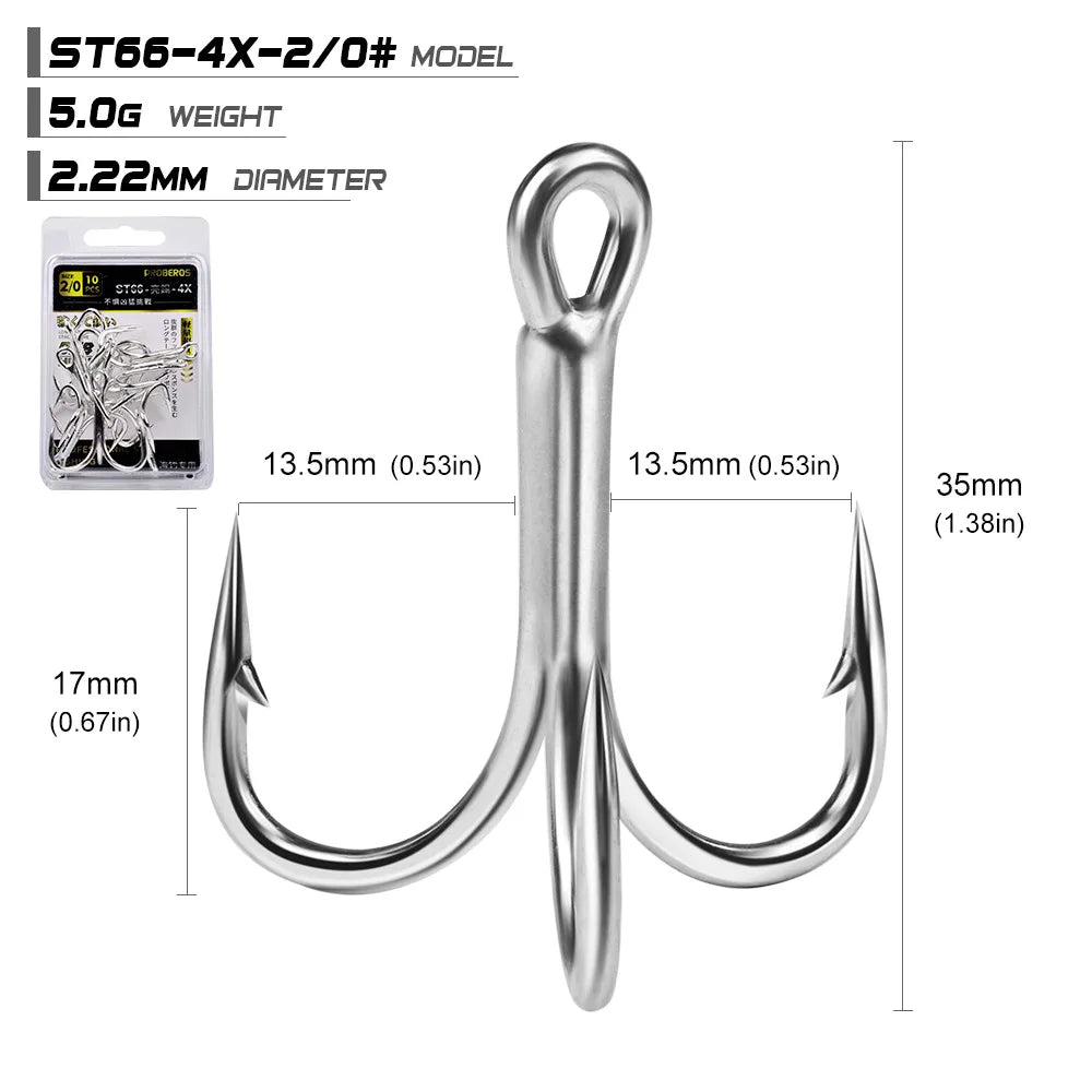 10pcs 4X 5/0# 4/0# 3/0# 1/0#-1# 2# 4# Super Strength Hooks Reinforced anchor Fishing Hook High-Carbon Steel Tin Treble Hook