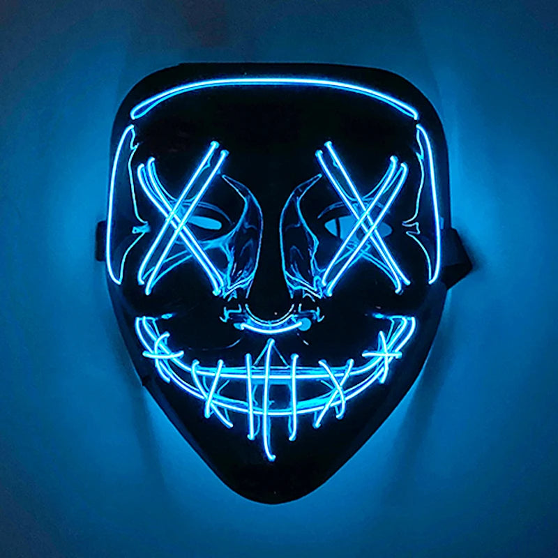 Artigos para Festa de Halloween 2026: Máscara LED Luminosa Estilo "Uma Noite de Crime" (Purge) com Luz Neon EL Sem Fio – Máscara de Rosto Inteiro para Cosplay Adulto (Brilha no Escuro)