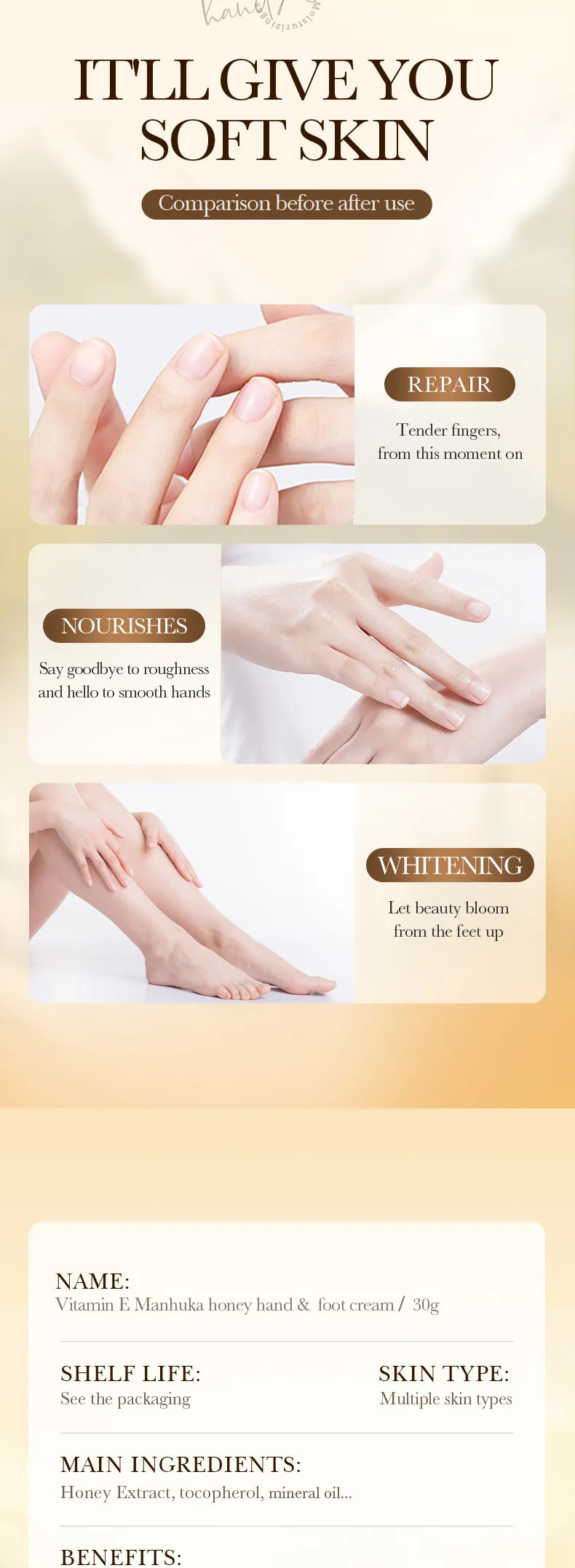 BIOAOUA Vitamin E Manhuka Honey Hand & Foot Cream, Used To Moisturize Hands and Feet, Making The Skin Elastic