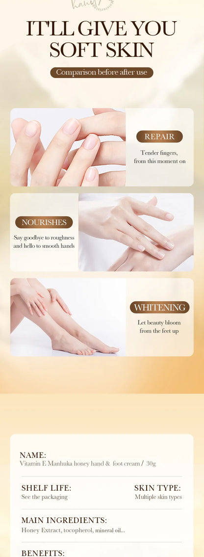 BIOAOUA Vitamin E Manhuka Honey Hand & Foot Cream, Used To Moisturize Hands and Feet, Making The Skin Elastic