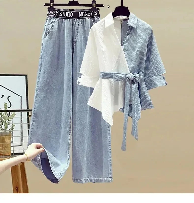 2026 Spring Summer New Korean Elegant Splicing Short Sleeved Shirt+Jeans Two Piece Suit Women Chic Top Denim Pants Matching Set