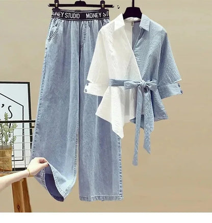 2026 Spring Summer New Korean Elegant Splicing Short Sleeved Shirt+Jeans Two Piece Suit Women Chic Top Denim Pants Matching Set