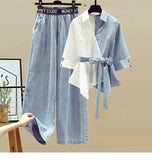 2026 Spring Summer New Korean Elegant Splicing Short Sleeved Shirt+Jeans Two Piece Suit Women Chic Top Denim Pants Matching Set