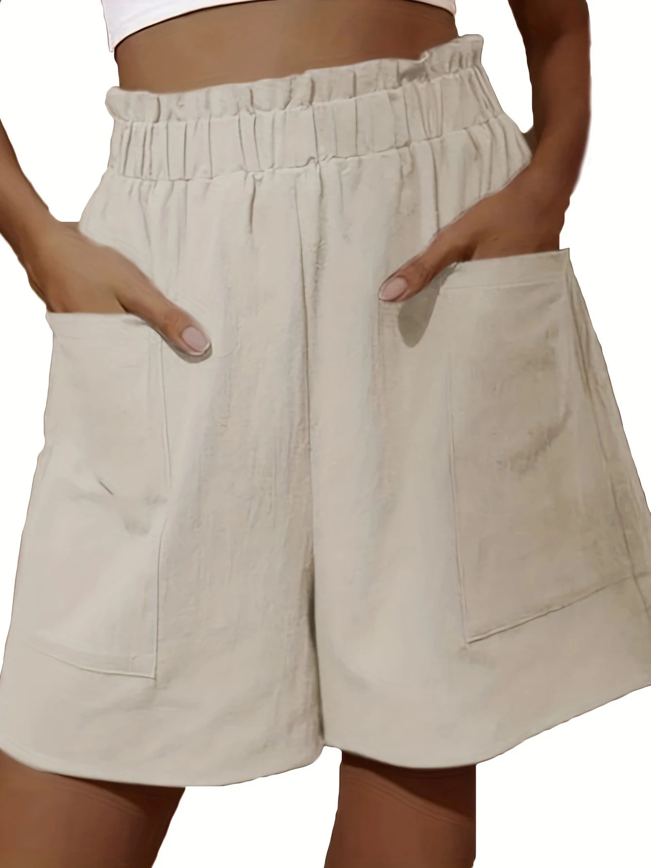 Plus Size Solid PaperBag Waist Pocket Shorts Casual Loose Pants For Spring & Summer Women's Plus Size Clothing