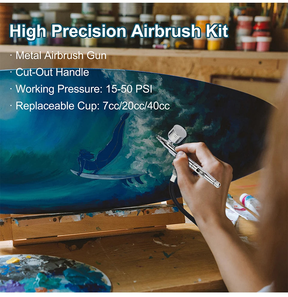 Dual-Action Gravity Airbrush Kit, 0.2/0.3/0.5mm Needles 7/20/40cc Cups Cleaning Tools for Makeup Nail Art Painting Car Detailing