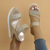 Zapatilla para mujer, nuevas sandalias deslizantes con cuña para mujer, bomba de verano a la moda con plataforma de diamantes de imitación y perlas, zapatillas informales de tacón alto para mujer