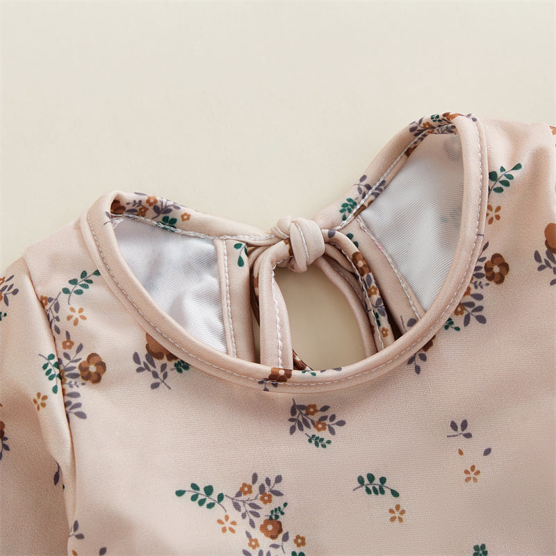Kids Baby Girl Summer Swimwear Floral Print Backless Ruffles Long Sleeve Bodysuit Bathing Suit Girls Beachwear 0-4 Years