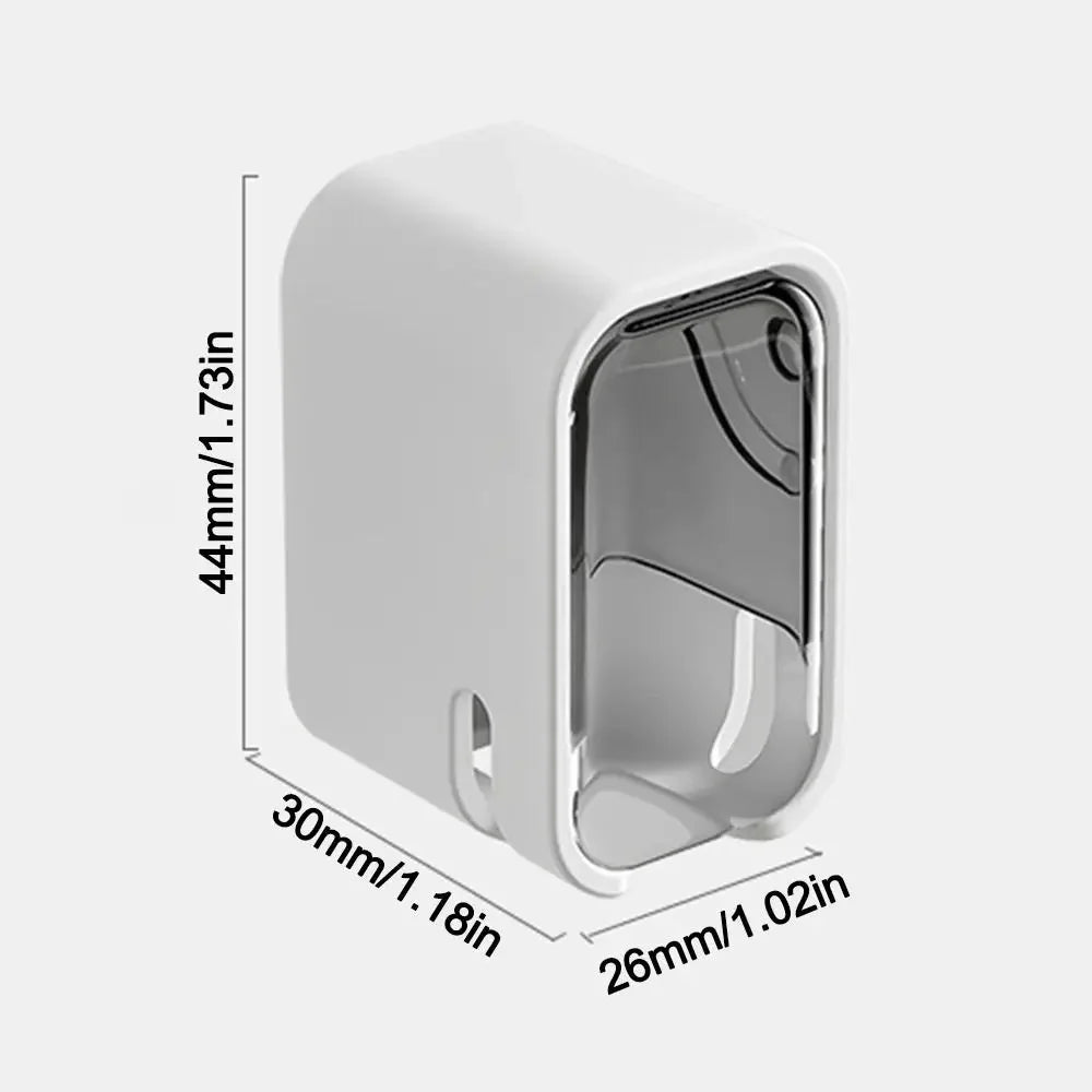 Suporte portátil para escova de dentes à prova de poeira com tampa basculante, fixação na parede e estojo de armazenamento.