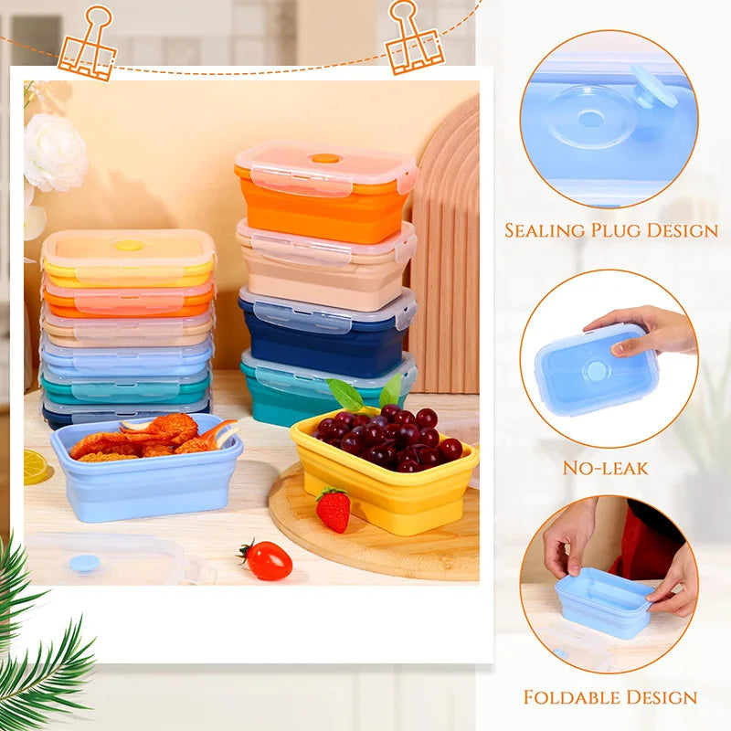 Collapsible Food Storage Containers Silicone Lunch Box with Lid Food Bowls Kitchen Stackable Lunch Box for Pantry Freezer Safe