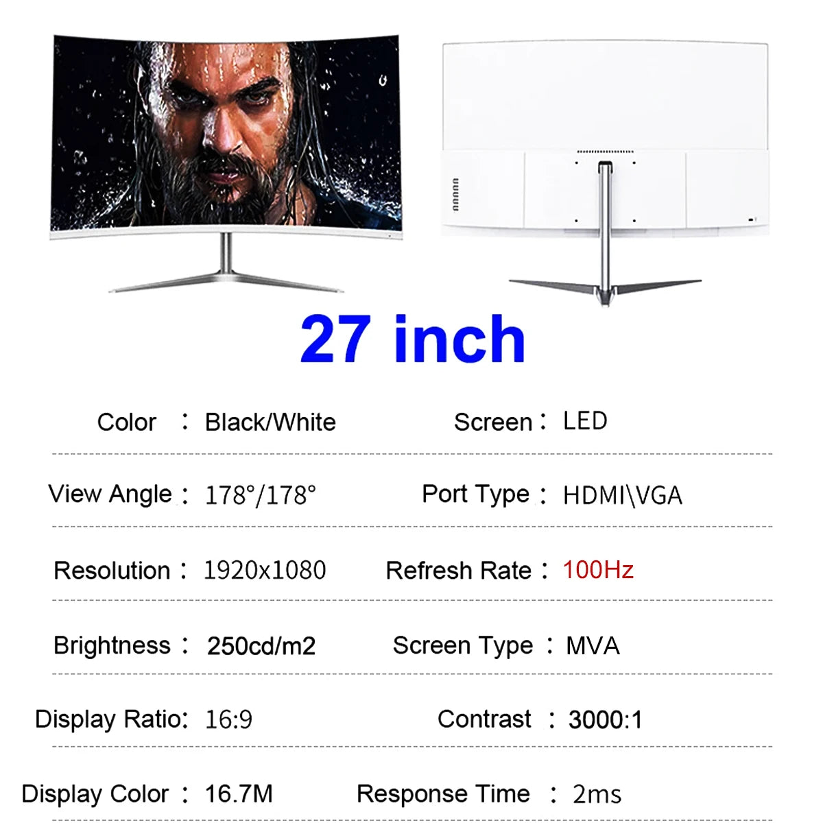 FYHXele 27" Curved Screen Gaming Office Displays Freesync/Gsync 1080P 99%sRGB 100HZ MVA VESA Low Blue Light&Flicker-Free Monitor