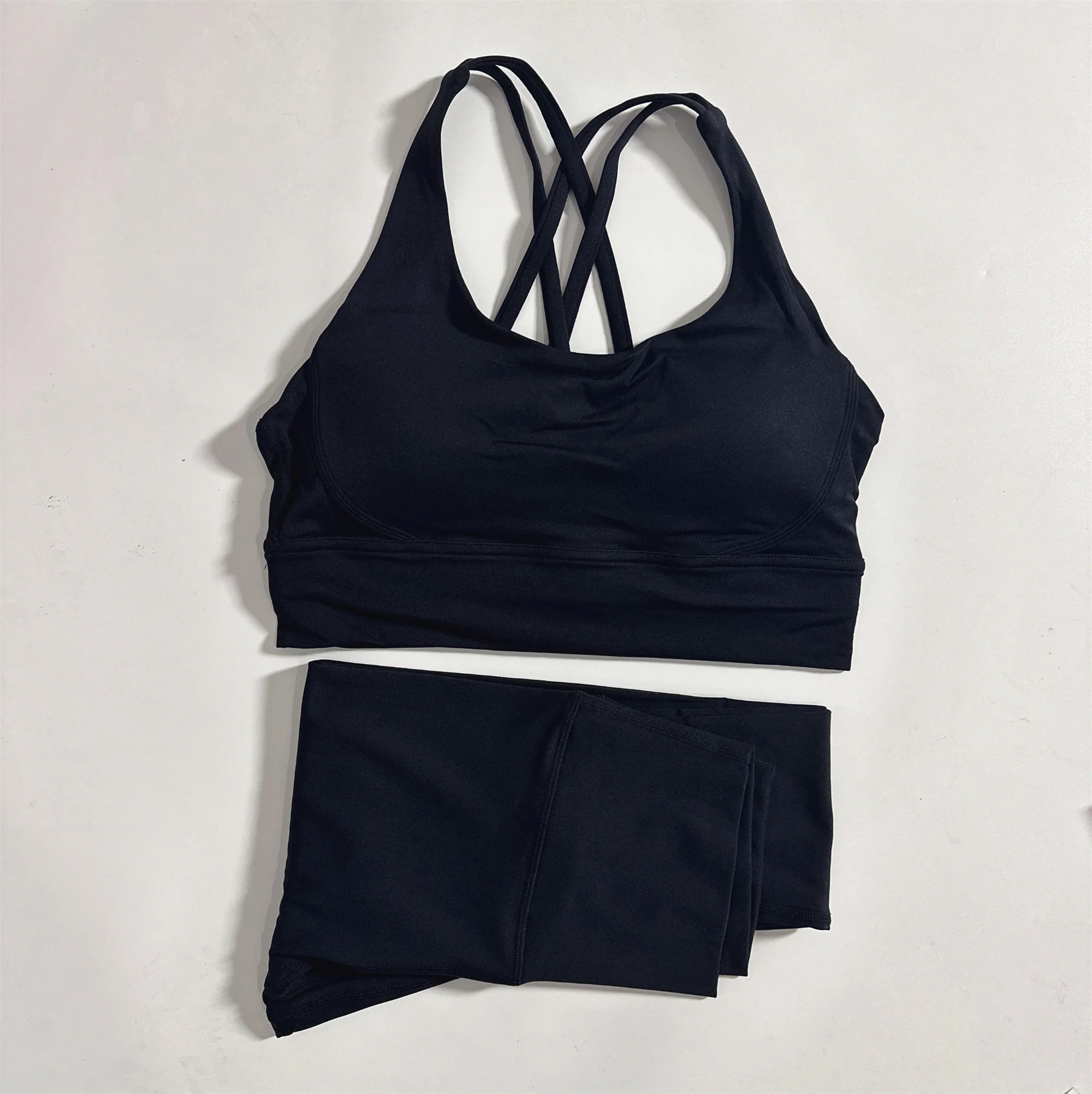 Conjunto de fitness para gimnasio de color sólido, sujetador deportivo cruzado suave y ajustado, 2 piezas de compresión, leggings de yoga de cintura alta, traje de entrenamiento integral para correr