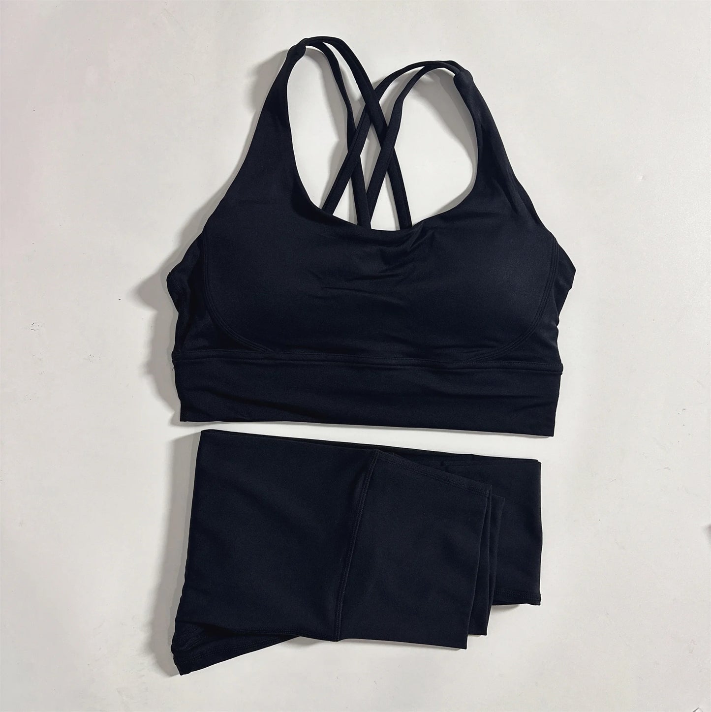 Conjunto de fitness para gimnasio de color sólido, sujetador deportivo cruzado suave y ajustado, 2 piezas de compresión, leggings de yoga de cintura alta, traje de entrenamiento integral para correr