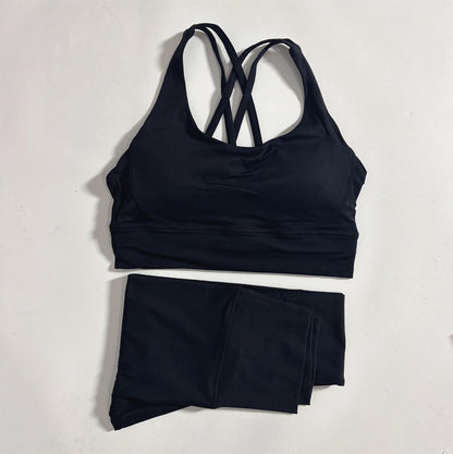 Conjunto de fitness para gimnasio de color sólido, sujetador deportivo cruzado suave y ajustado, 2 piezas de compresión, leggings de yoga de cintura alta, traje de entrenamiento integral para correr