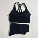 Conjunto de fitness para gimnasio de color sólido, sujetador deportivo cruzado suave y ajustado, 2 piezas de compresión, leggings de yoga de cintura alta, traje de entrenamiento integral para correr