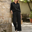 ZANZEA Plus Size 5XL Womens Casual Pant Suits Long Sleeve Shirt & Elastic Waist Pant 2 Pieces Sets Spring Solid Color Outfits