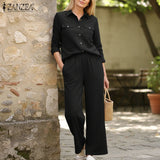 ZANZEA Plus Size 5XL Womens Casual Pant Suits Long Sleeve Shirt & Elastic Waist Pant 2 Pieces Sets Spring Solid Color Outfits