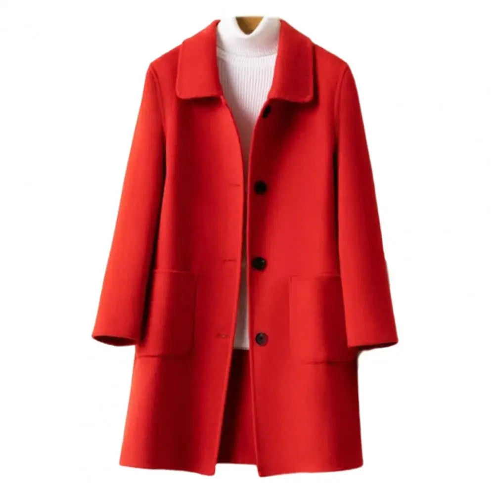 Abrigo de invierno de longitud media para mujer, color liso, cuello vuelto, botonadura sencilla, abrigo formal grueso para uso diario en la calle.