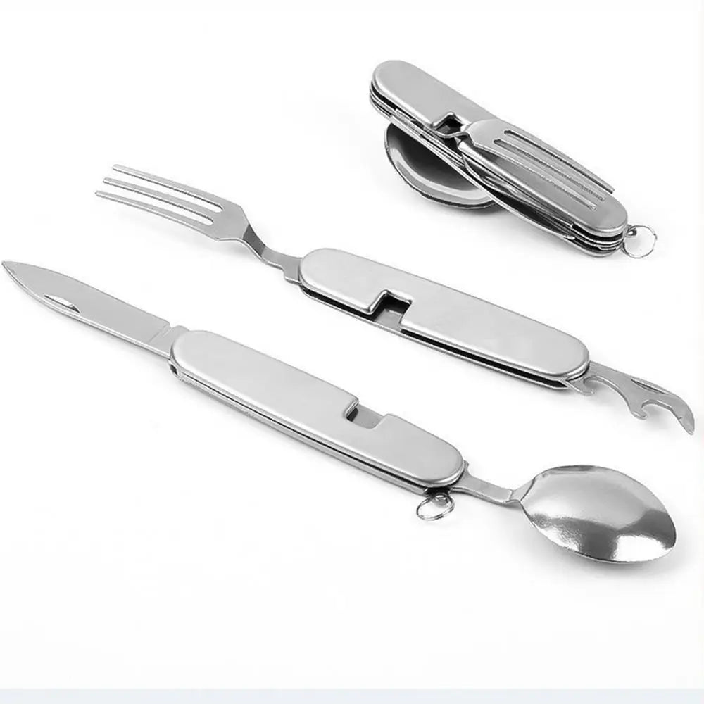 Outdoor Tableware Set Spoon Fork Knife Bottle Opener Stainless Steel 4 in 1 Foldable Camping Cutlery Set Picnic Utensil Set