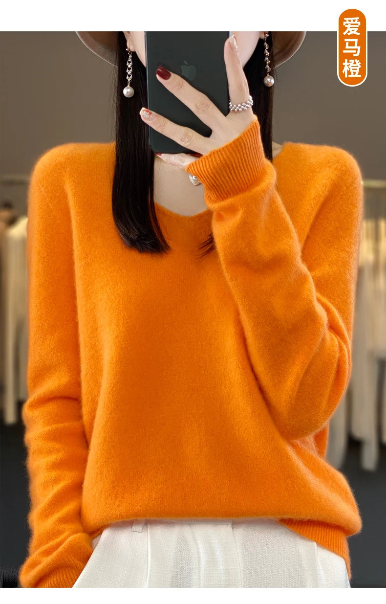 Suéter básico de otoño-invierno 2024 para mujer, 100 % lana merino, cuello en V, tejido de punto liso, jersey de oficina para mujer, manga larga, cachemir.