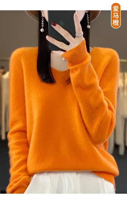 Suéter básico de otoño-invierno 2024 para mujer, 100 % lana merino, cuello en V, tejido de punto liso, jersey de oficina para mujer, manga larga, cachemir.
