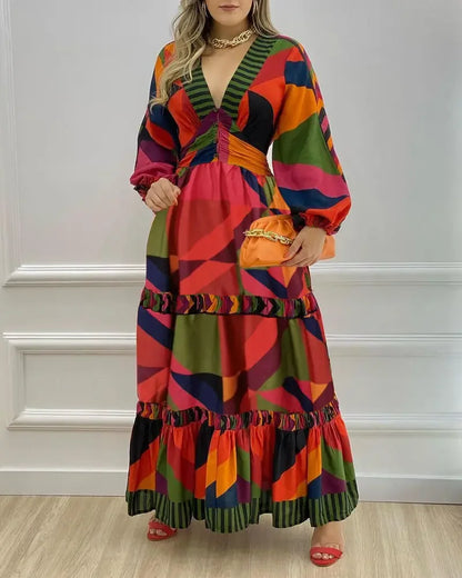 Vestido de estilo urbano para mujer, novedad de verano 2024, informal, con escote en V, estampado geométrico, mangas farol, falda larga con botones