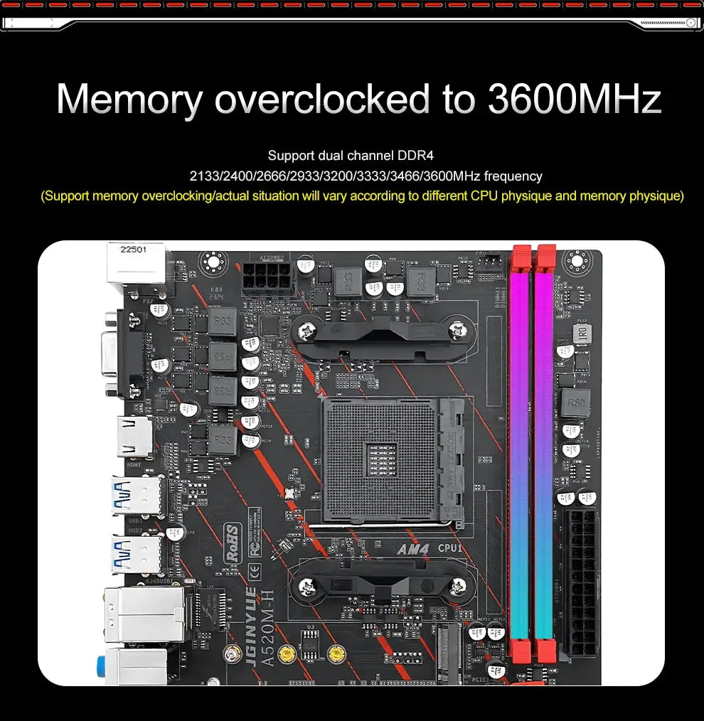 JGINYUE AM4 Motherboard supports AMD Ryzen R3 5 7 1/2/3/4/5th CPU processors DDR4 dual channel Memory RAM M-ATX A520M-H
