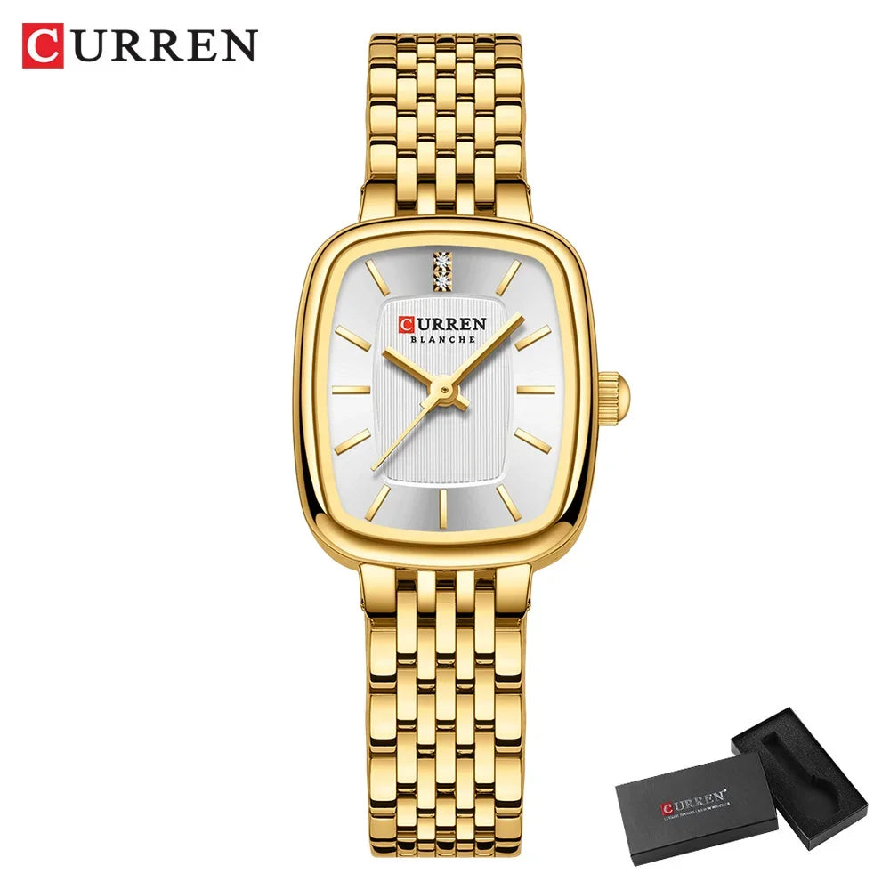 Relógio feminino quadrado dourado em aço inoxidável com calendário