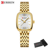 Relógio feminino quadrado dourado em aço inoxidável com calendário