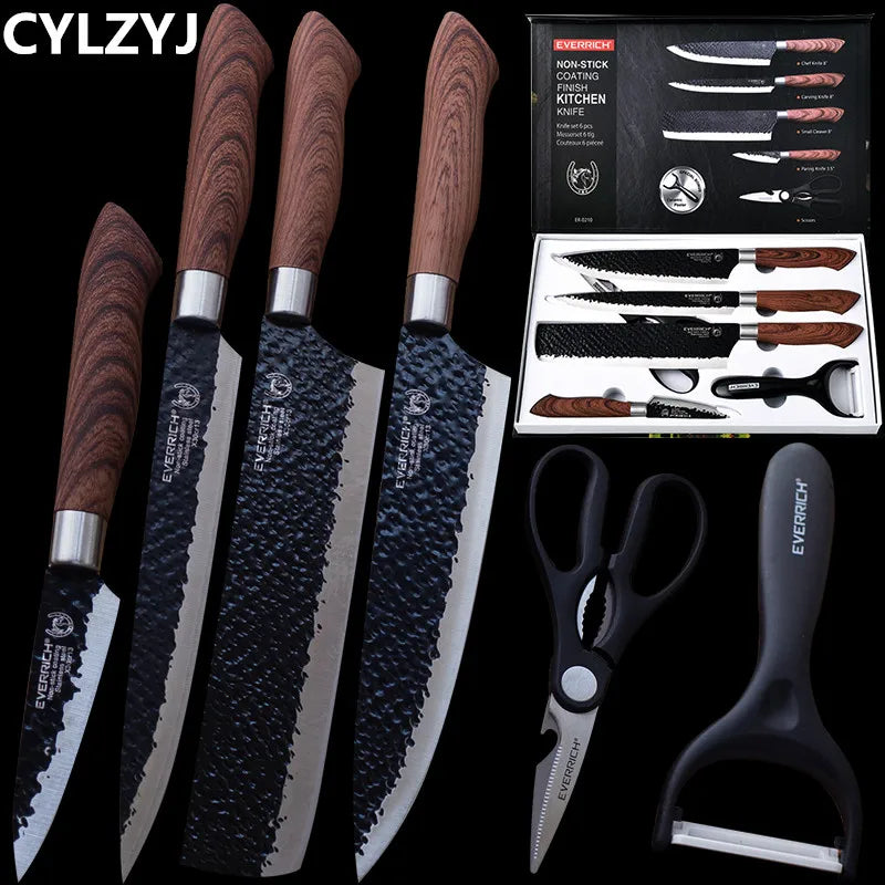 Herramientas de Juego de cuchillos de cocina de acero inoxidable, cuchillo de cocina forjado, tijeras, pelador de cerámica, rebanador de Chef, cuchillo de pelar Nakiri, estuche de regalo