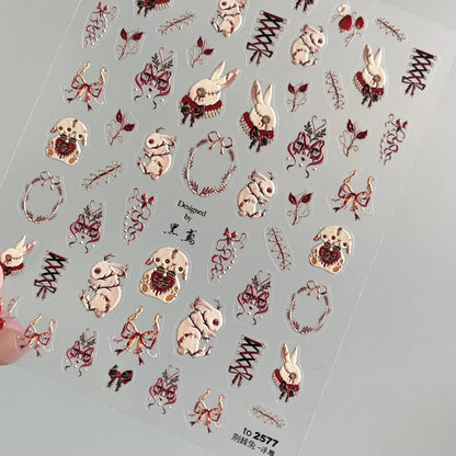 Thorns Rose Bloody Bunny 5D Embossed Reliefs Self Adhesive Nail Art Stickers Dark Style 3D Nail Decorations Decals Wholesale