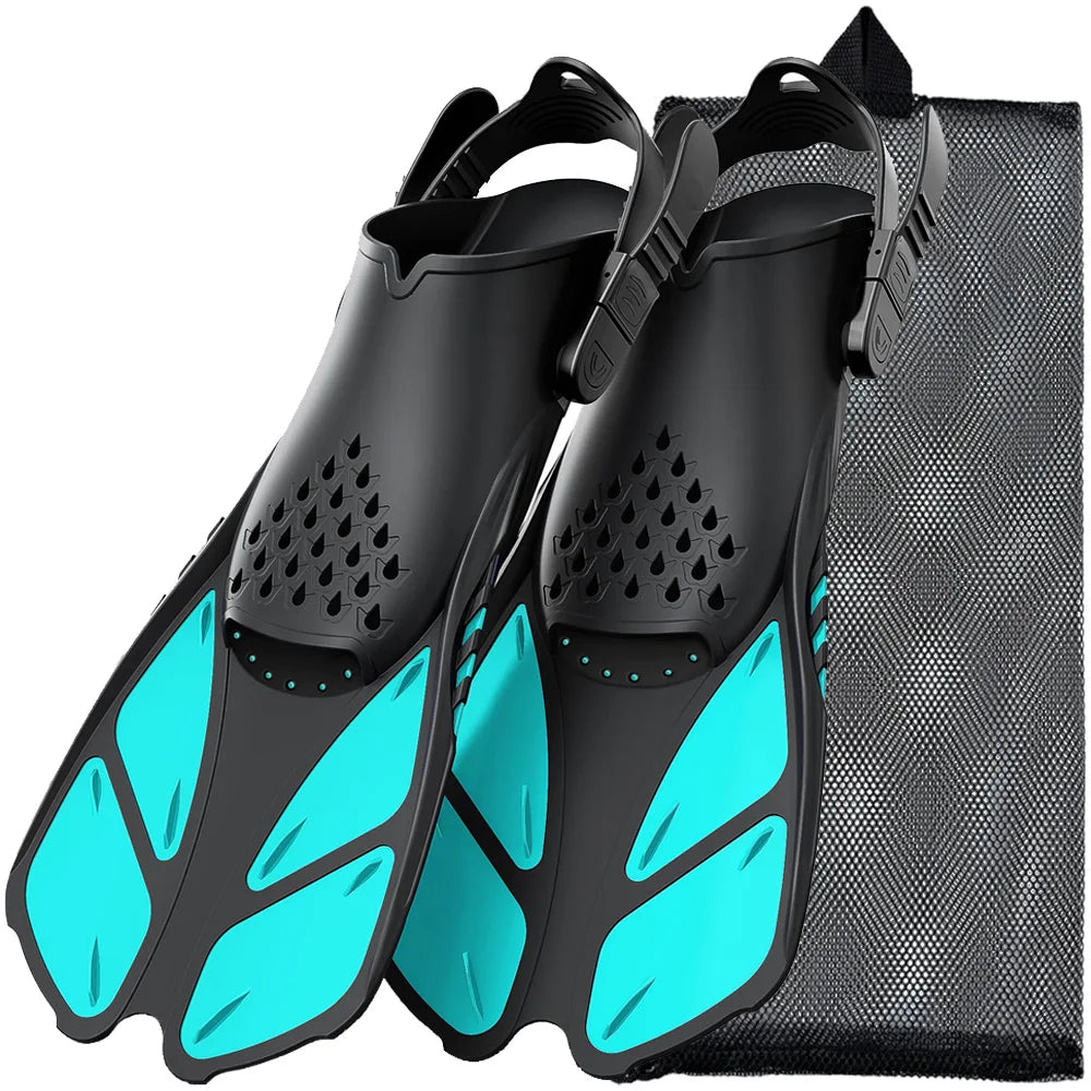 Aletas de snorkel con hebillas ajustables, aletas de natación cortas de silicona, zapatos de buceo con tacón abierto, talla de viaje, para adultos, hombres y mujeres