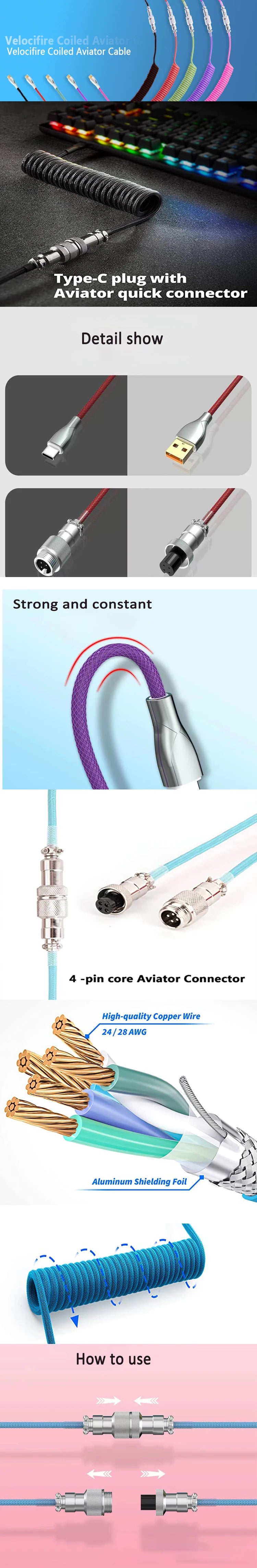 Coiled cable type C Mechanical keyboard wire USB keyboard cable  mechanical keyboard Aviator Desktop Computer Aviation Connector