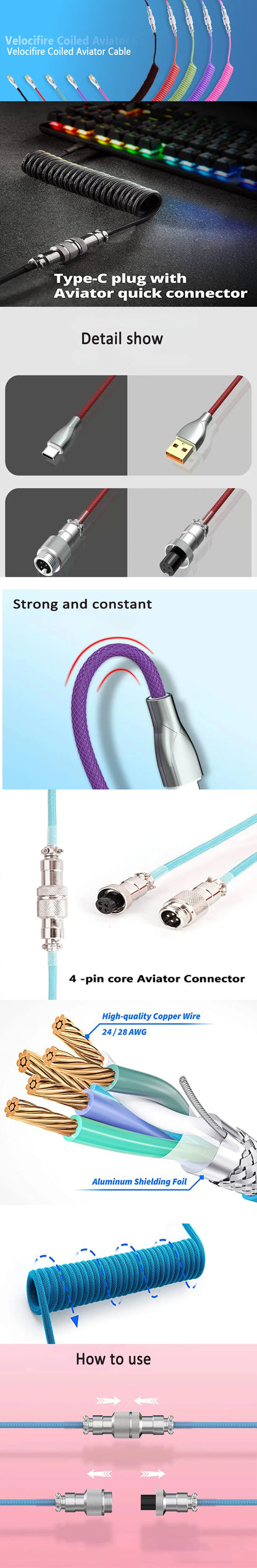 Coiled cable type C Mechanical keyboard wire USB keyboard cable  mechanical keyboard Aviator Desktop Computer Aviation Connector