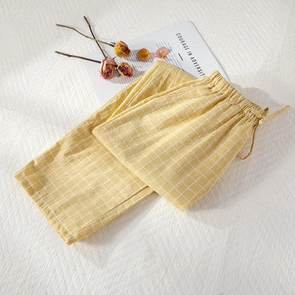 Plus Size Japanese Minimalist Checked Women Pajamas Trousers Women Soft Home Pants Loose Casual Pants Elastic Waist Home Pants