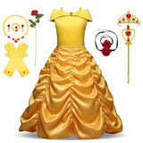 Disney Girls Cosplay Belle Princess Dress for Kids Beauty and The Beast Costumes Children Birthday Party with Flower Clothes