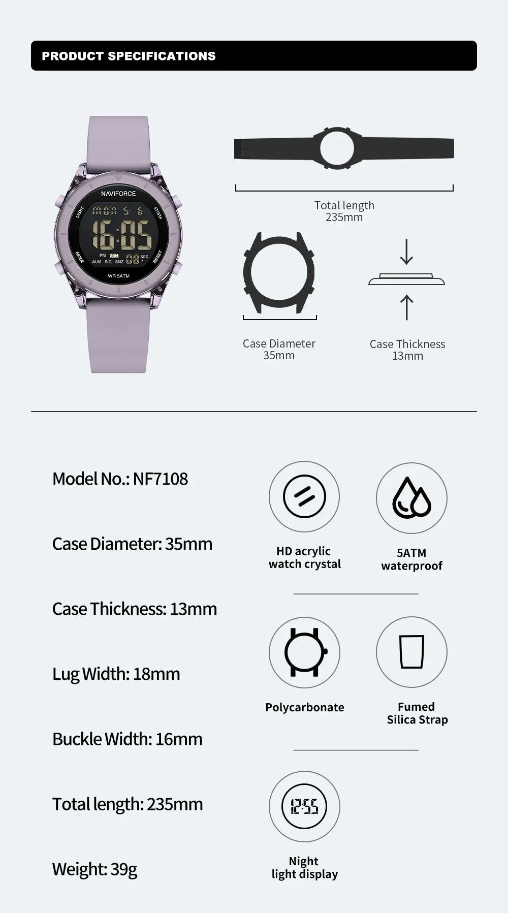 NAVIFORCE NF7108 Casual Wild Ladies Watch 50m Waterproof LCD Digital Display Electronic Silicone Strap Female Clock