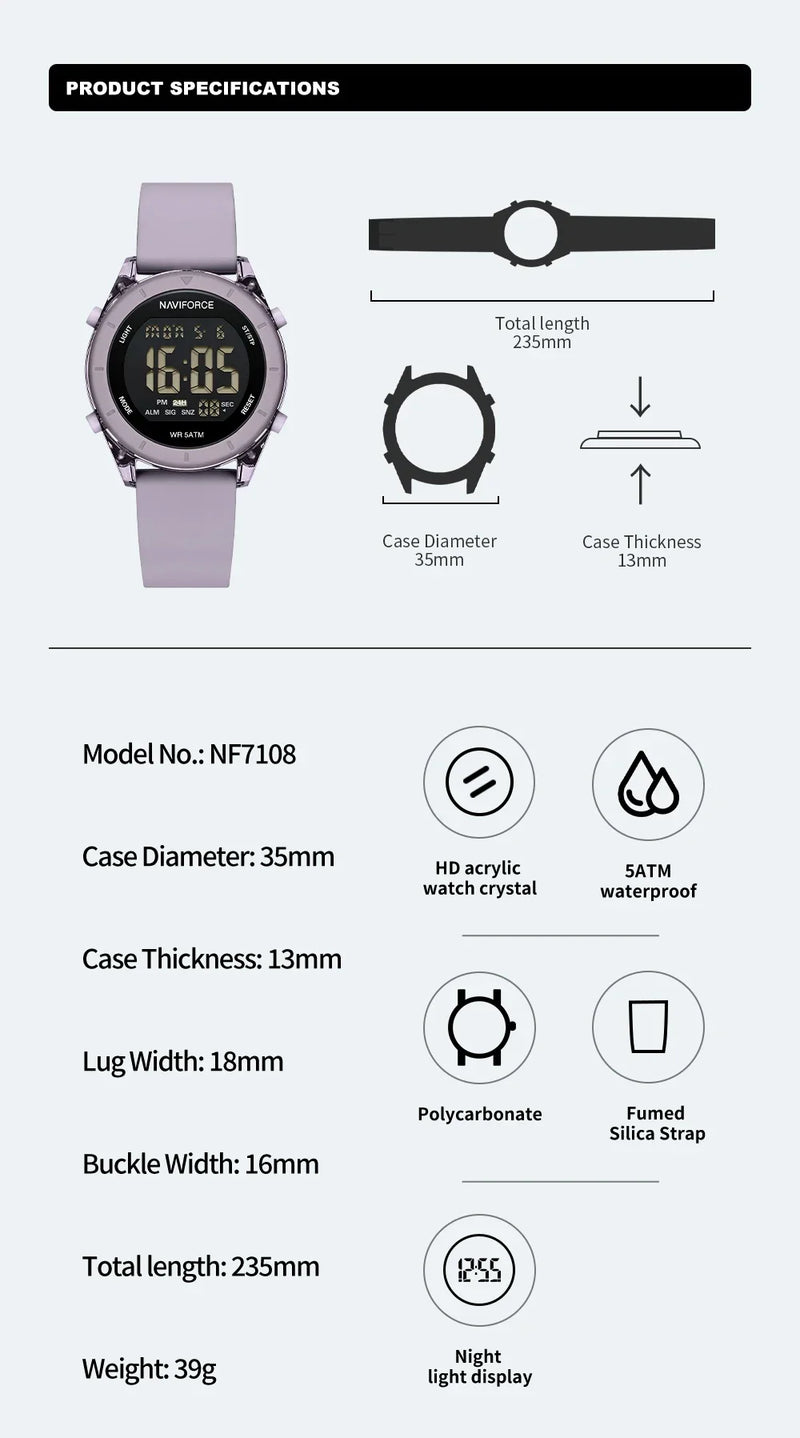 NAVIFORCE NF7108 Casual Wild Ladies Watch 50m Waterproof LCD Digital Display Electronic Silicon Strap Female Clock