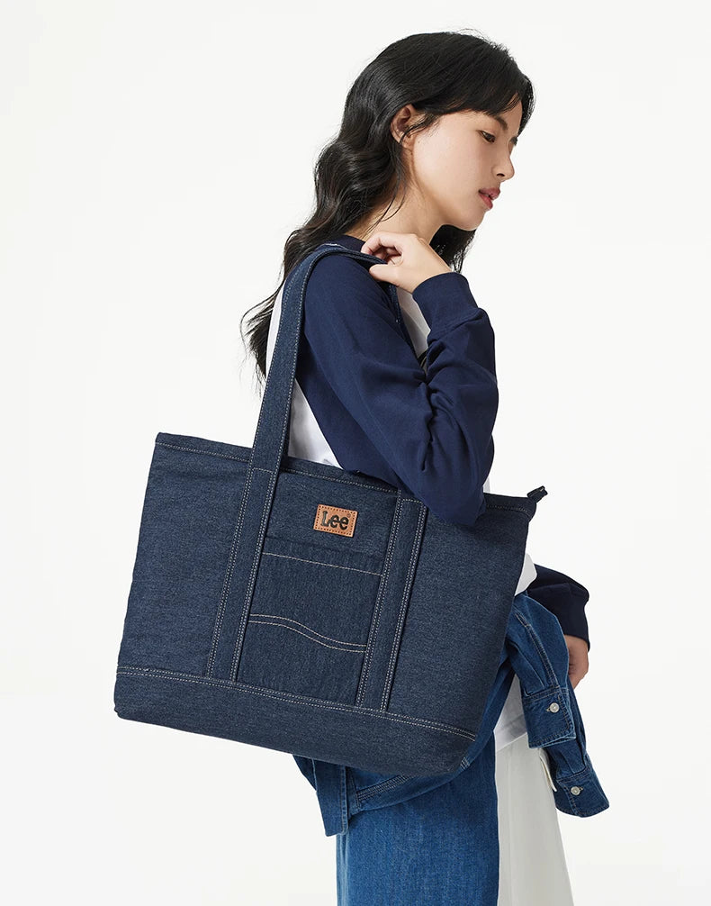 LEE Unisex Utility Canvas Leather Zipper Tote Bag Casual Denim Daily Shopping Handbag Women Men Durable Student School Book Bag