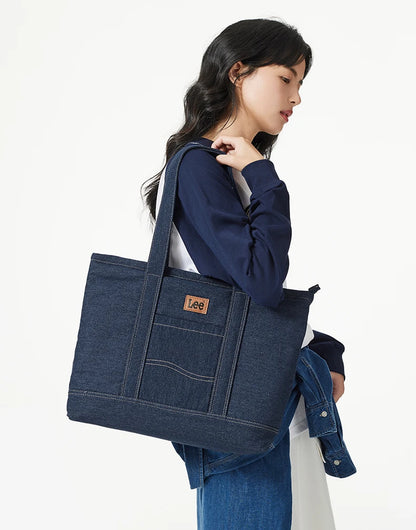 LEE Unisex Utility Canvas Leather Zipper Tote Bag Casual Denim Daily Shopping Handbag Women Man Durable Student School Book Bag