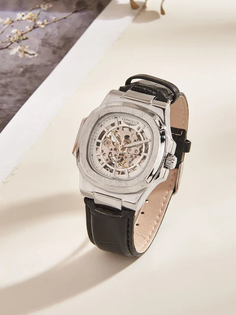 Reloj automático LONGLUX estilo deportivo, venta al por mayor, relojes de pulsera mecánicos de moda, reloj hueco de cuero para hombre, regalo 