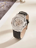 Reloj automático LONGLUX estilo deportivo, venta al por mayor, relojes de pulsera mecánicos de moda, reloj hueco de cuero para hombre, regalo 