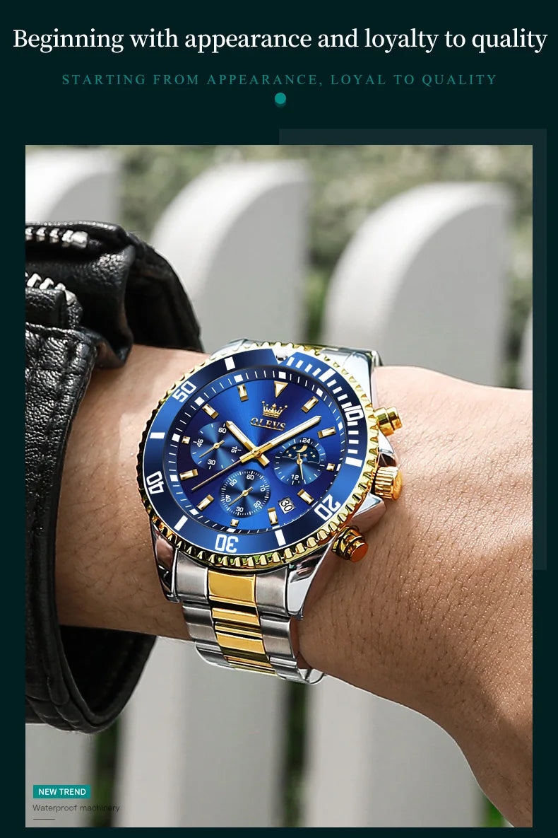 OLEVS 2870 Men's Watch Top Brand Luxury Watch for Men Original Waterproof Stainless Steel Chronograph Moon Phase Date Rota Dial