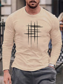 Men's 100% pure cotton loose fit comfortable sports and leisure creative line pattern printed round neck long sleeved T-shirt