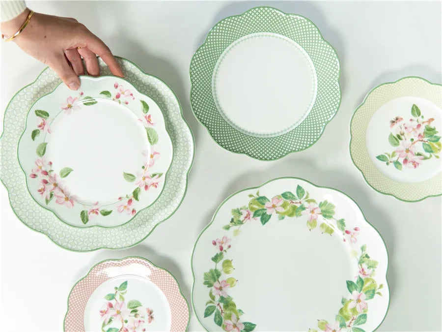 Ceramic Plate Household Bone China Dinner Plate Set Vintage Green Flower Dishes Tableware Oval Large Tray Dinnerware Sets