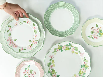 Ceramic Plate Household Bone China Dinner Plate Set Vintage Green Flower Dishes Tableware Oval Large Tray Dinnerware Sets