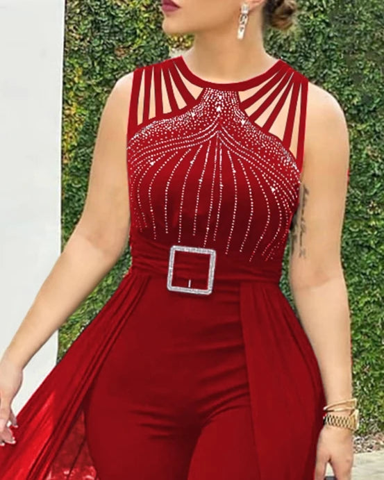 Mono de mujer 2024 verano sencillo sin mangas cuello redondo diamantes de imitación moda sexy malla transparente mono informal para uso diario