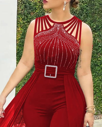 Mono de mujer 2024 verano sencillo sin mangas cuello redondo diamantes de imitación moda sexy malla transparente mono informal para uso diario