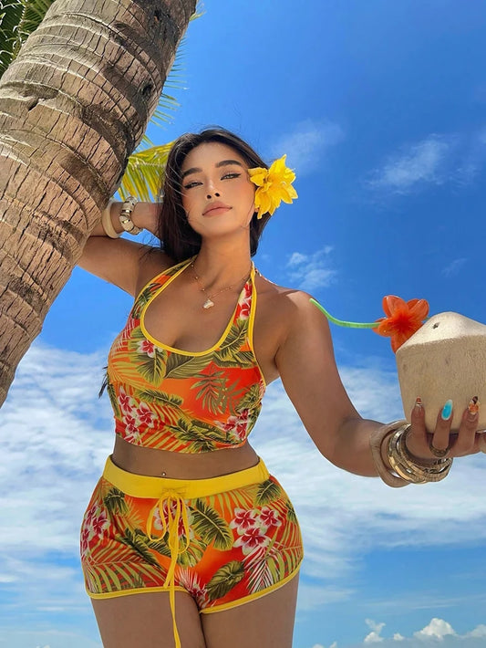 Women's Plus Size Tropical Vacation Fashion Print Tie-Neck Top And Sporty Casual Printed Shorts Two-Piece Set