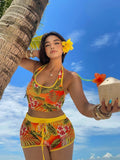 Ladies plus Size Tropical Vacation Fashion Print Tie-Neck Top And Sporty Casual Printed Shorts Two-Piece Set